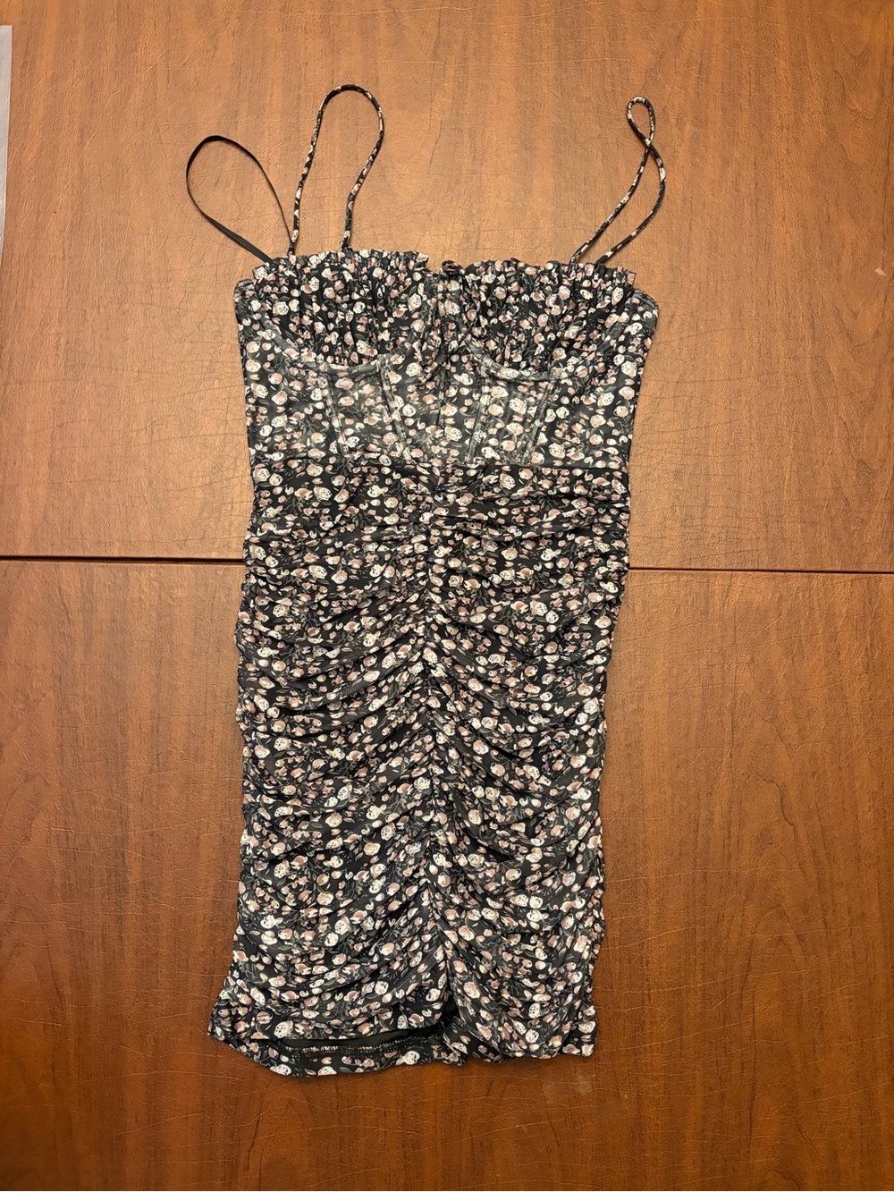 Black Floral Ruched Mini Dress with Spaghetti Straps